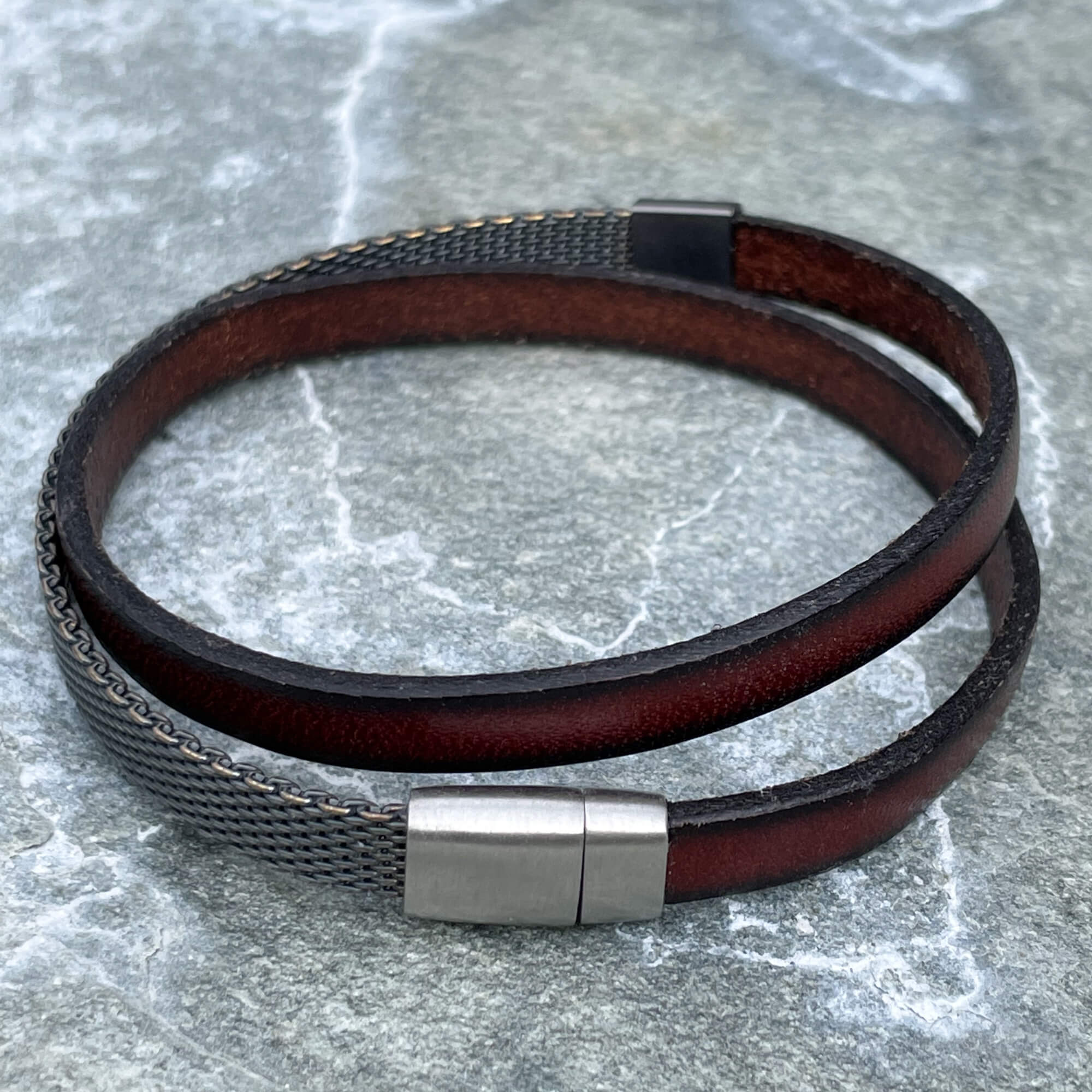 Brown leather double bracelet with braided stainless steel accent