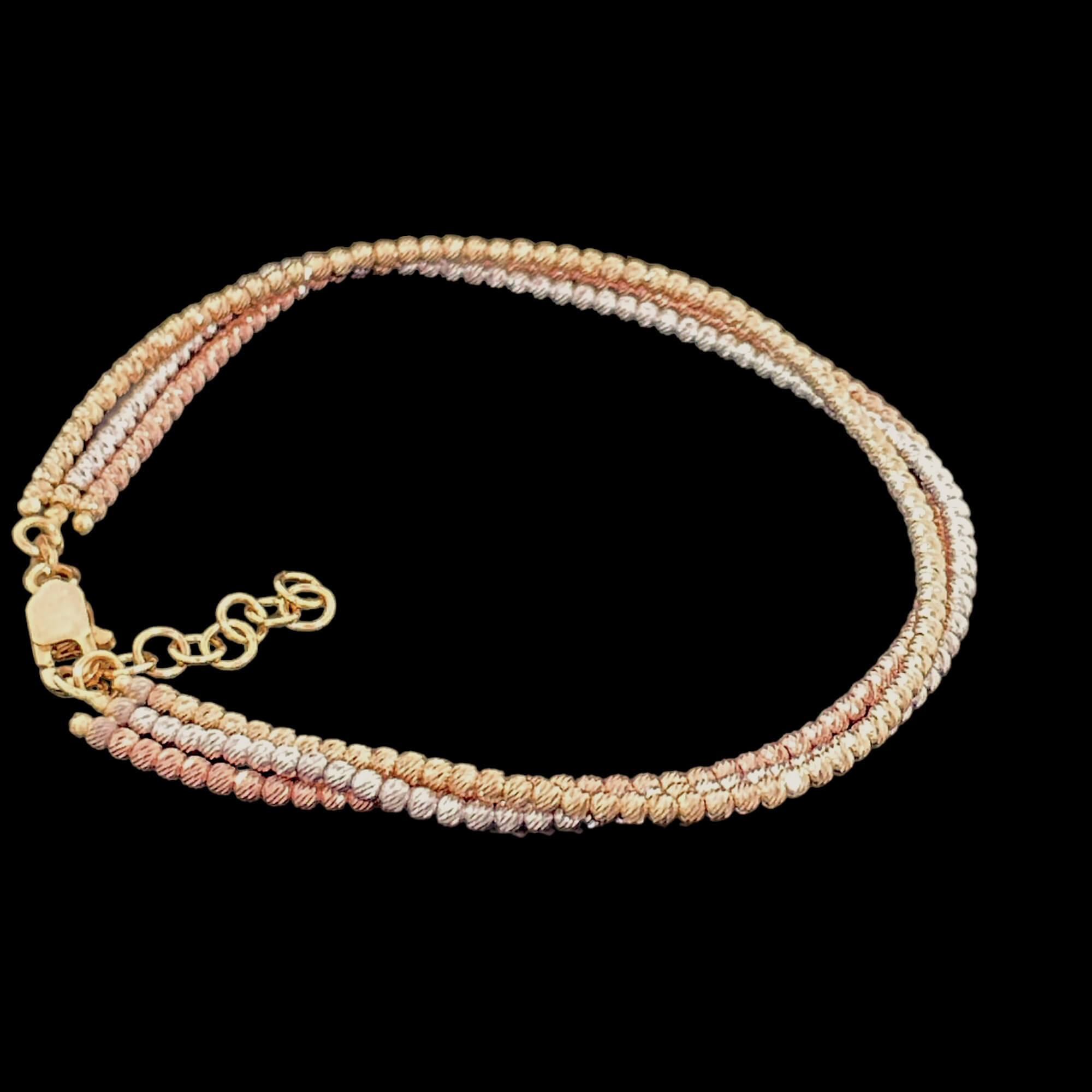 2mm bracelet of three rows of silver, rose and gold plated