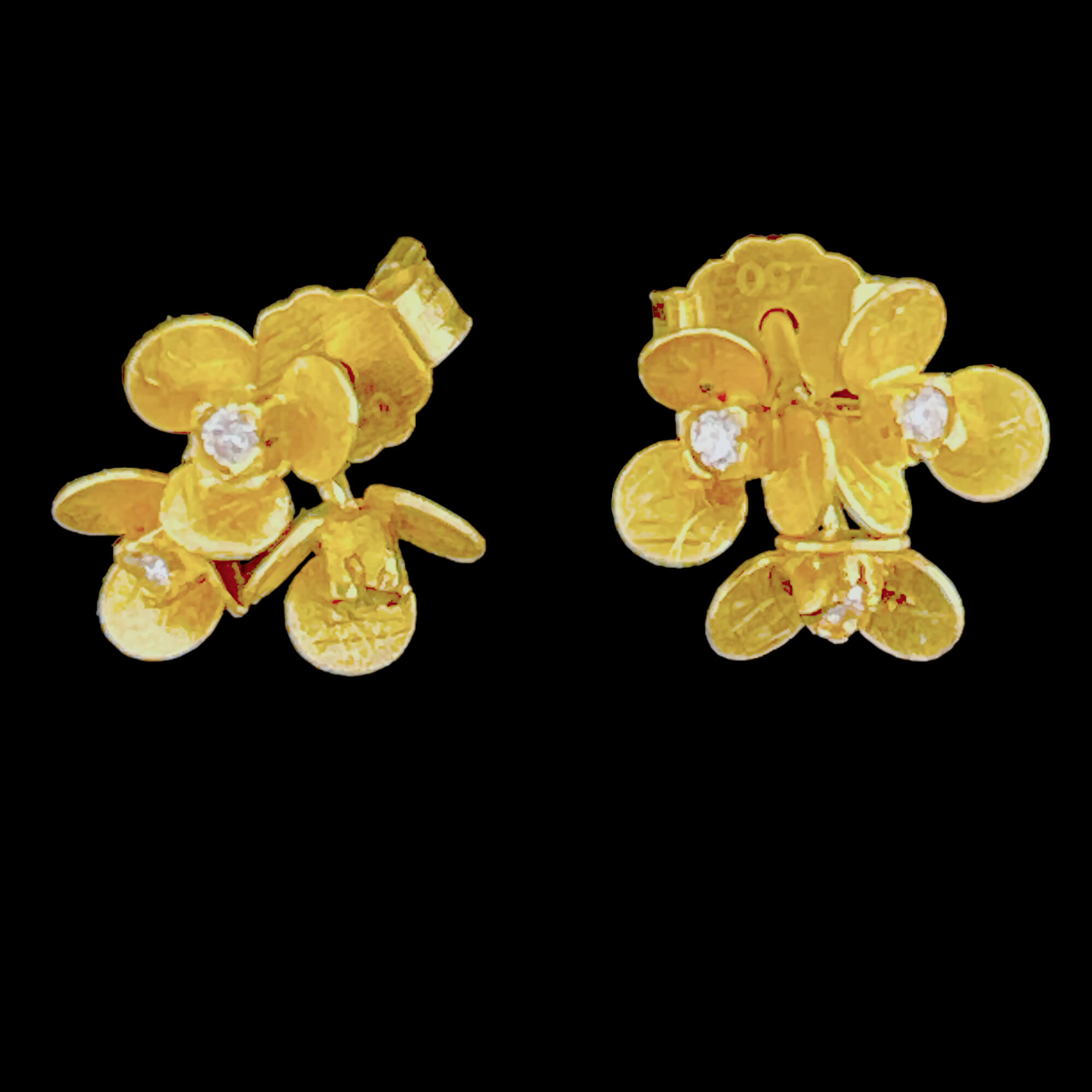 Boucles d'oreilles florales dorées de 18 kt avec un diamant