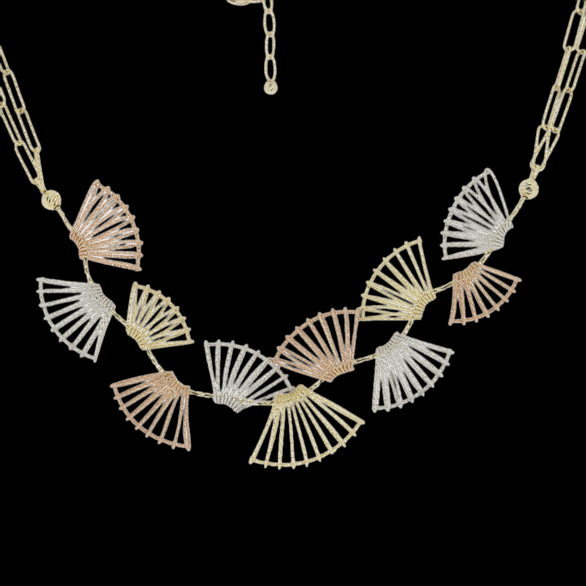 Gold three-color necklace made of 18kt gold, 11 elements