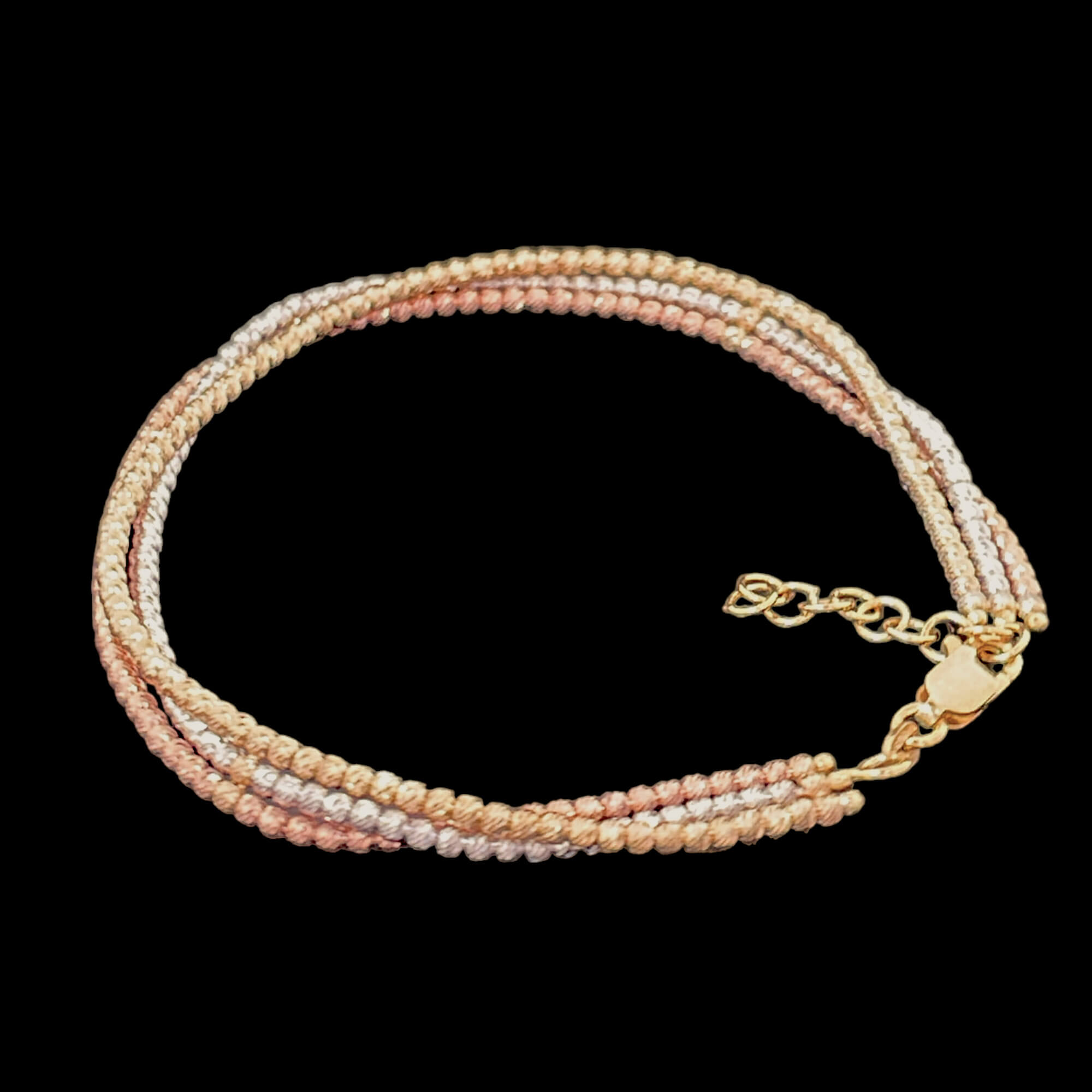 2mm bracelet of three rows of silver, rose and gilded