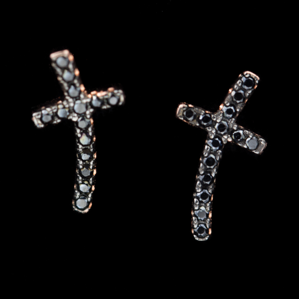 Rose earrings with a black cross