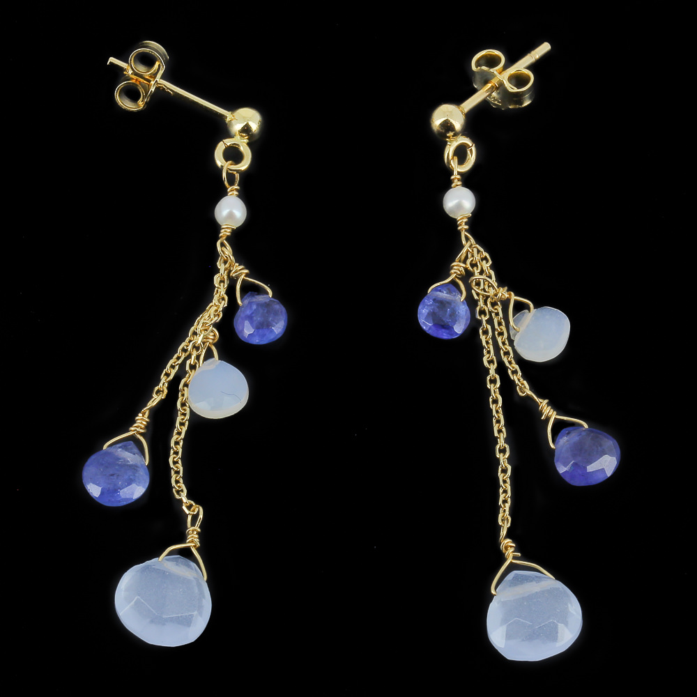 Long 18kt gold earrings with colored stones and pearls