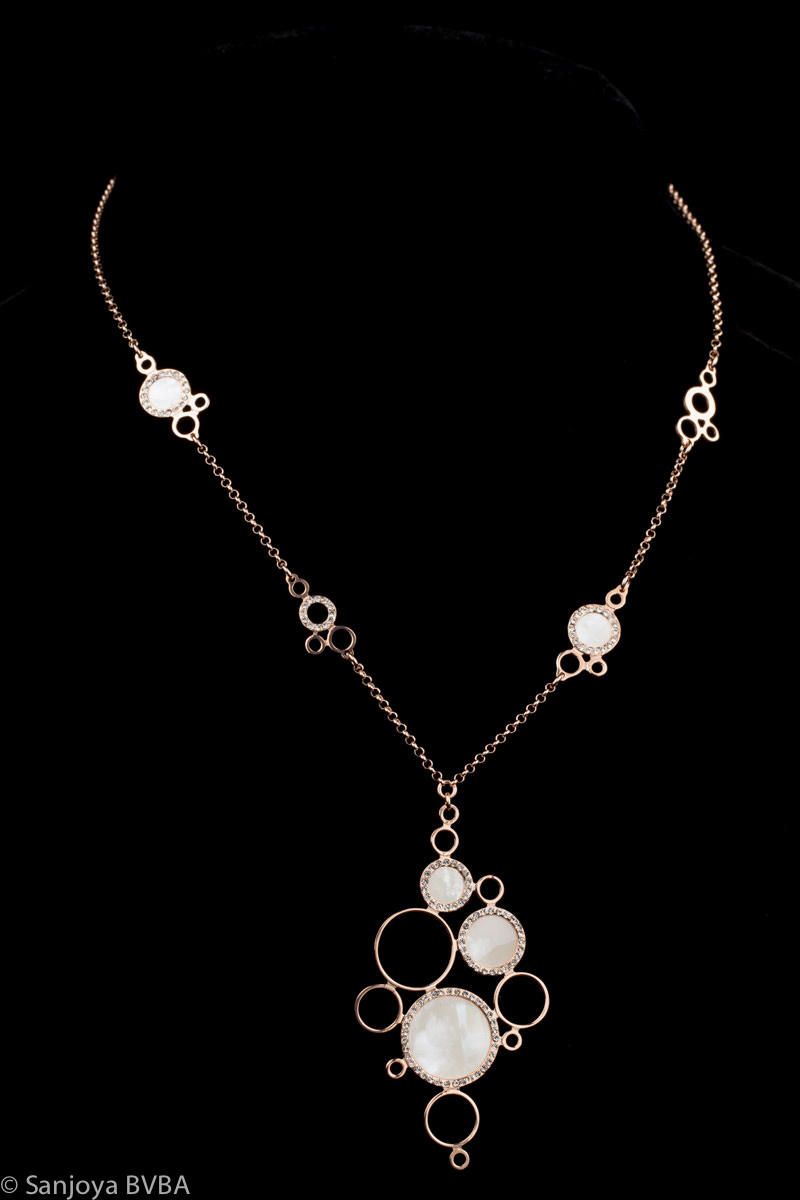 Rose chain with elongated hanger. mother of pearl and zirconia