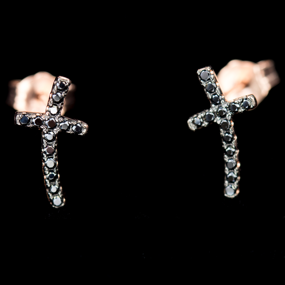 Rose earrings with a black cross