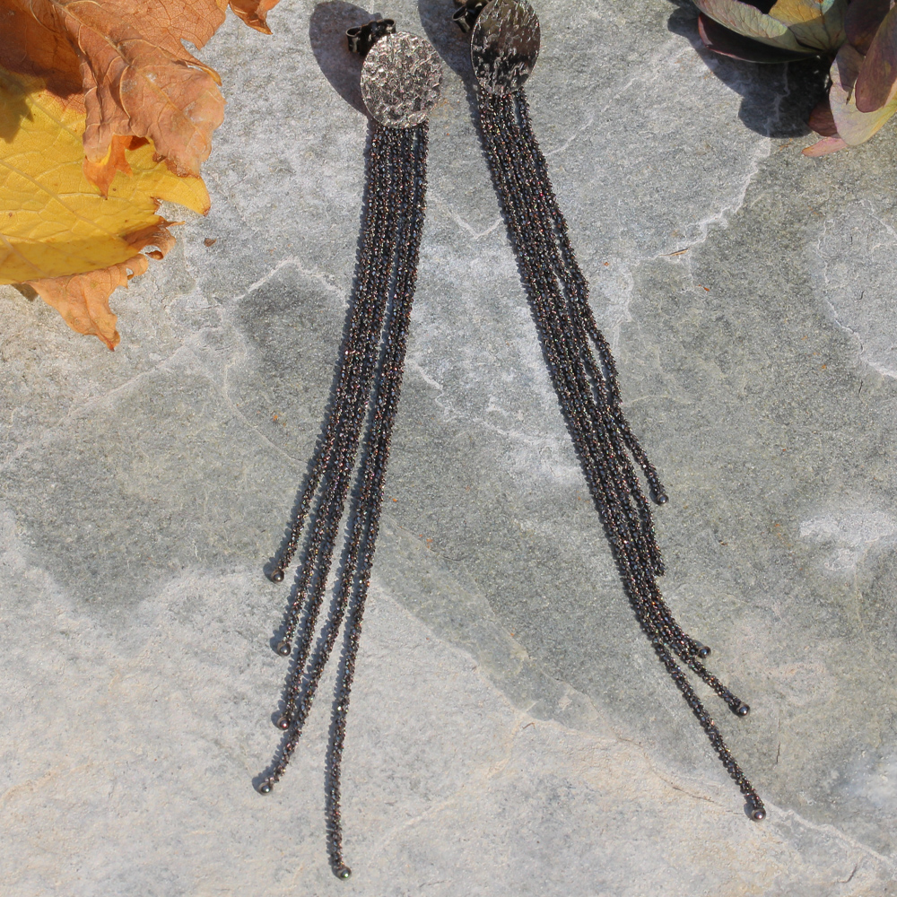 Sanjoya earrings. gray. black and long with plug