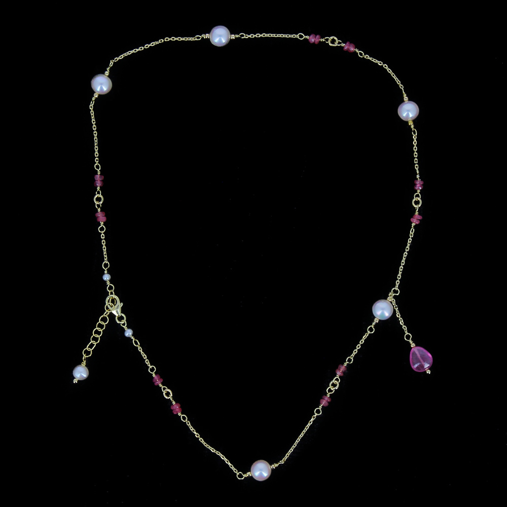 Short plated pearl necklace with gemstones