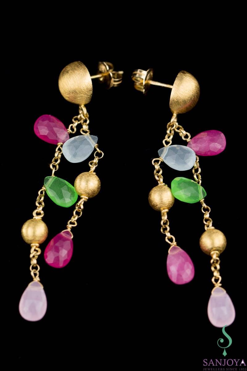 Long gold earrings with colored stones with plug