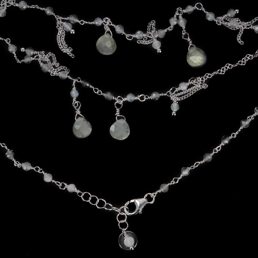 Long silver necklace with labradorite stones