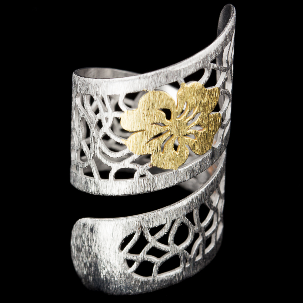 ES0614010 - Zilveren bewerkte dubbele ring met bloem