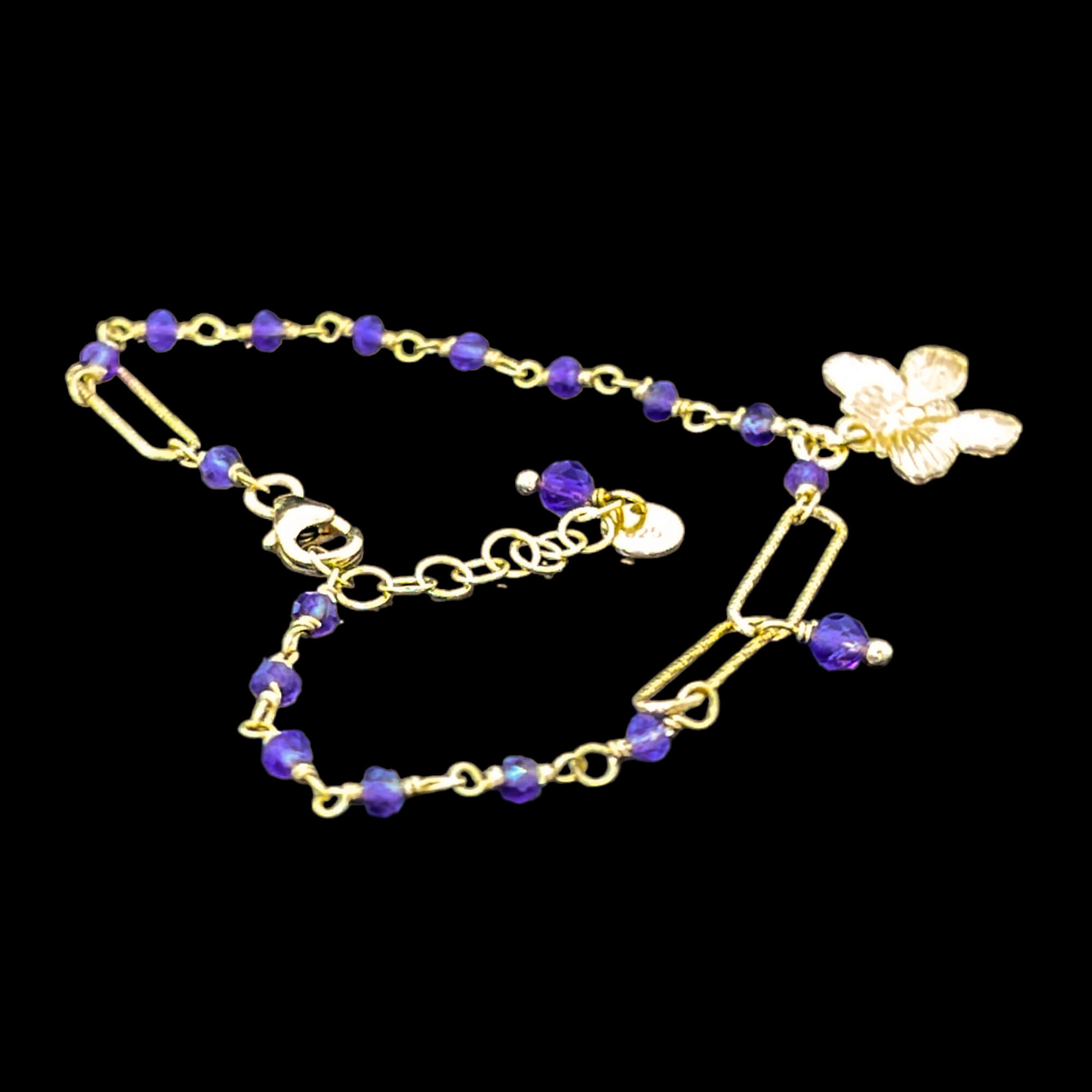 Gold-plated bracelet with amethyst stones and a butterfly