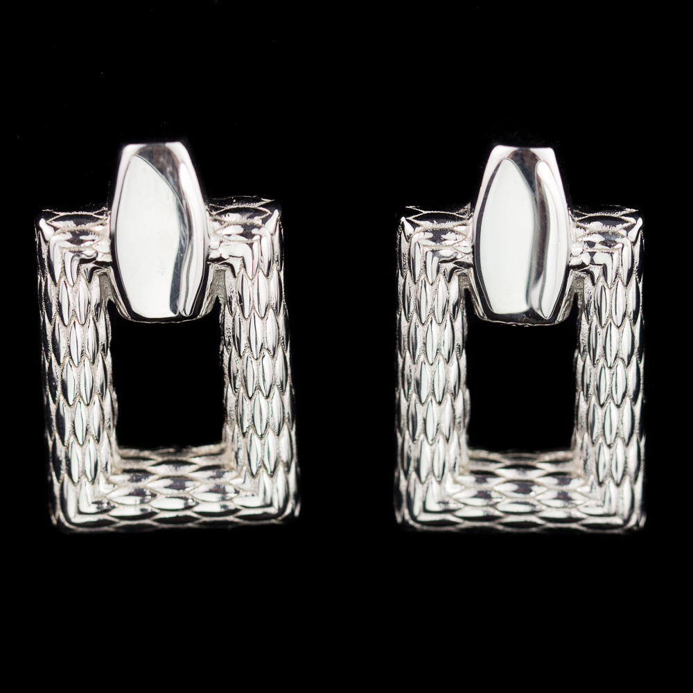 Rectangular and processed silver earrings