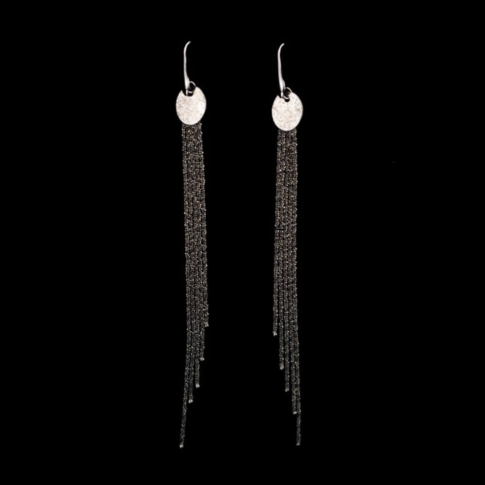 Sanjoya earrings. gray. black and long with plug