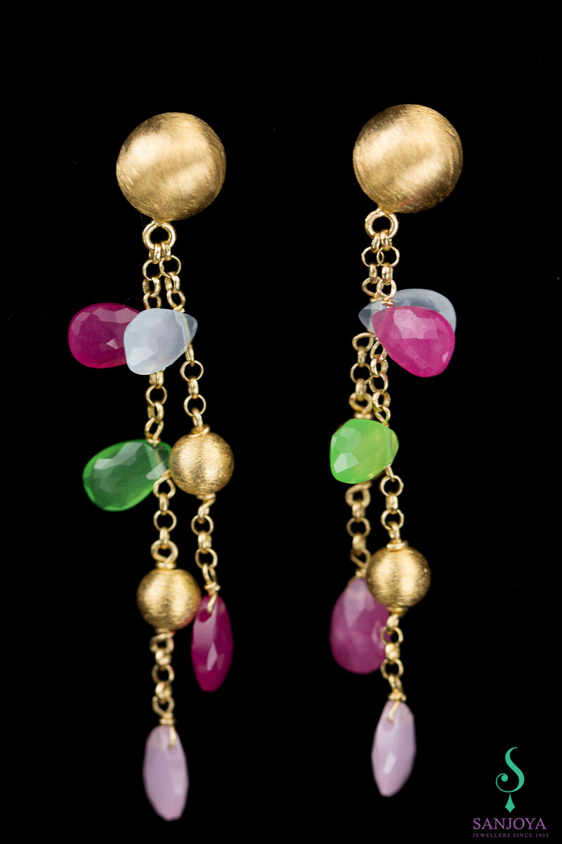 Long gold earrings with colored stones with plug