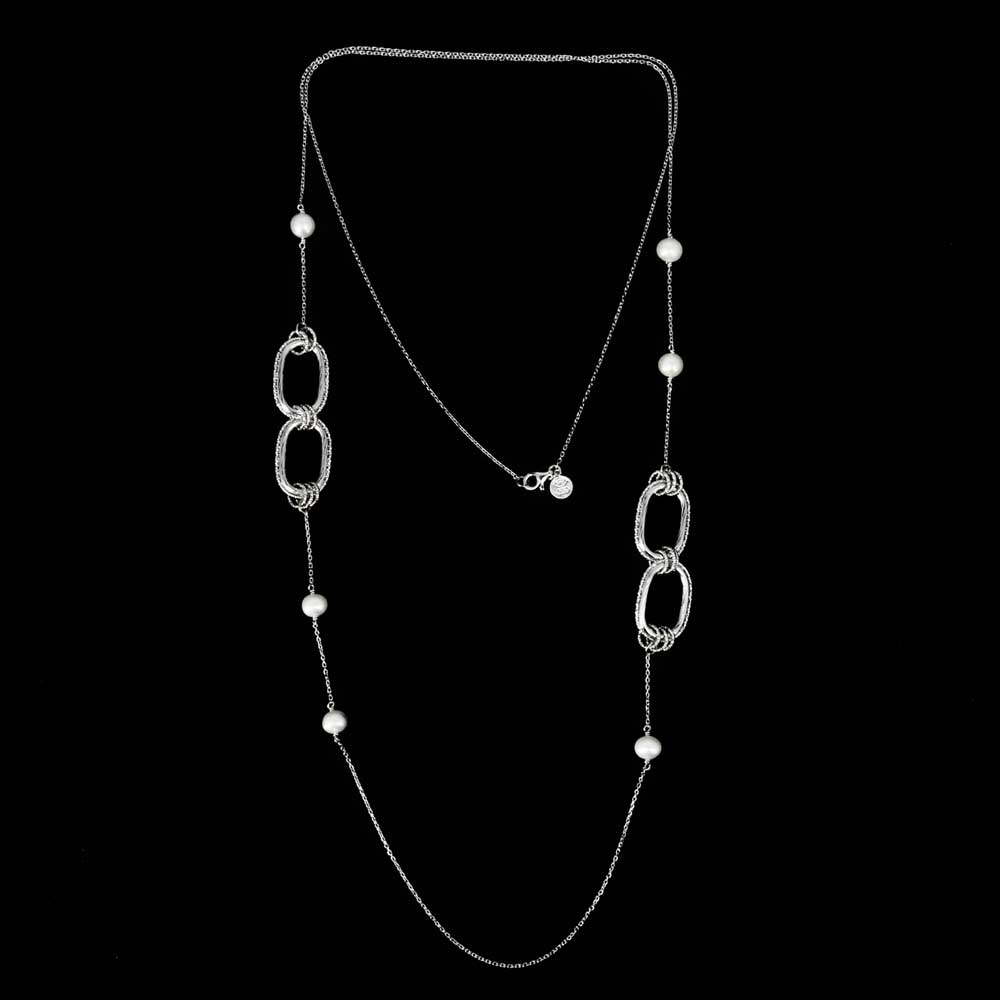 Carved and long silver necklace with pearls