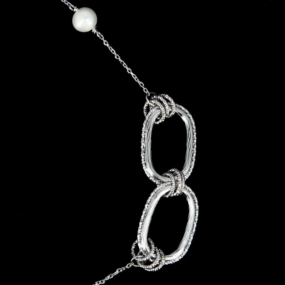 Carved and long silver necklace with pearls
