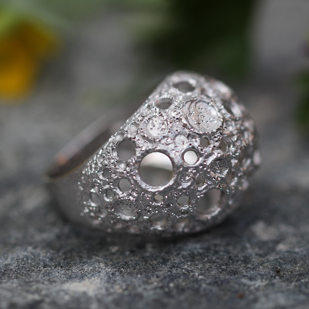 Processed and silver spherical ring