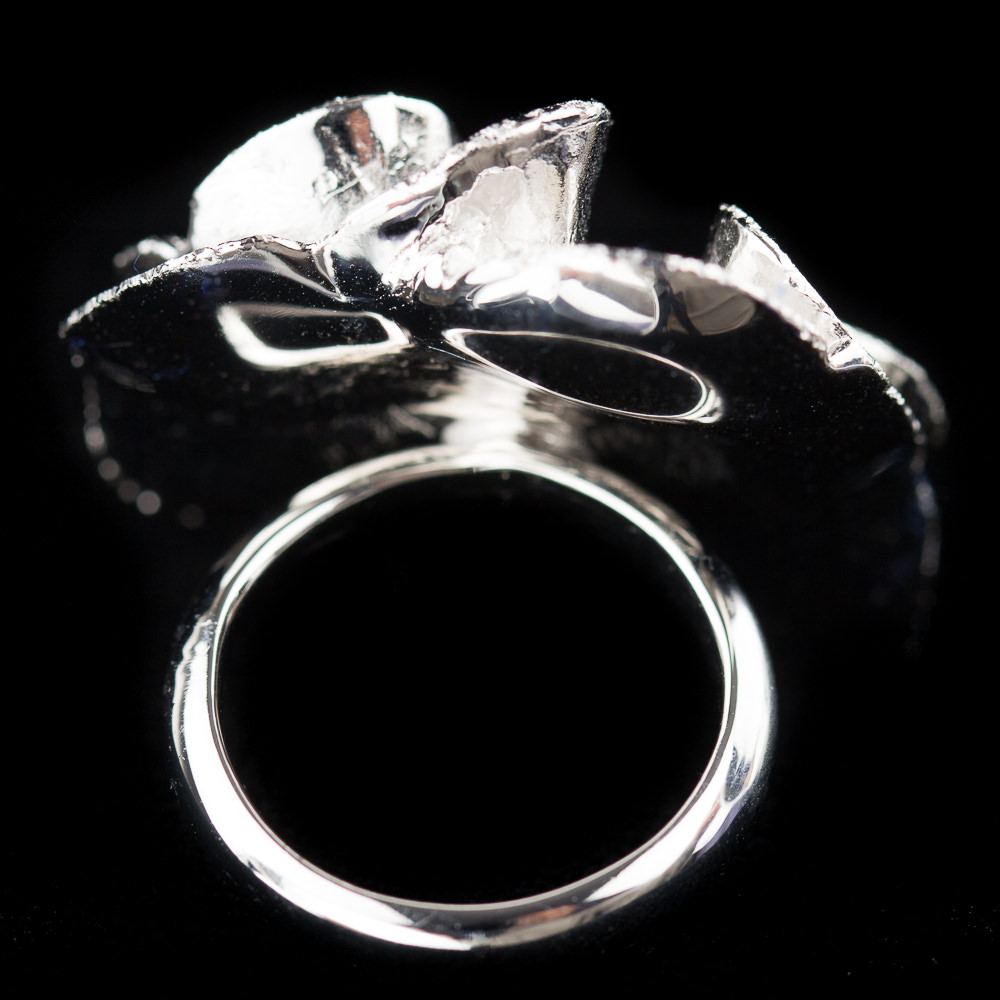 Silver flower ring, curl shape and diamond-