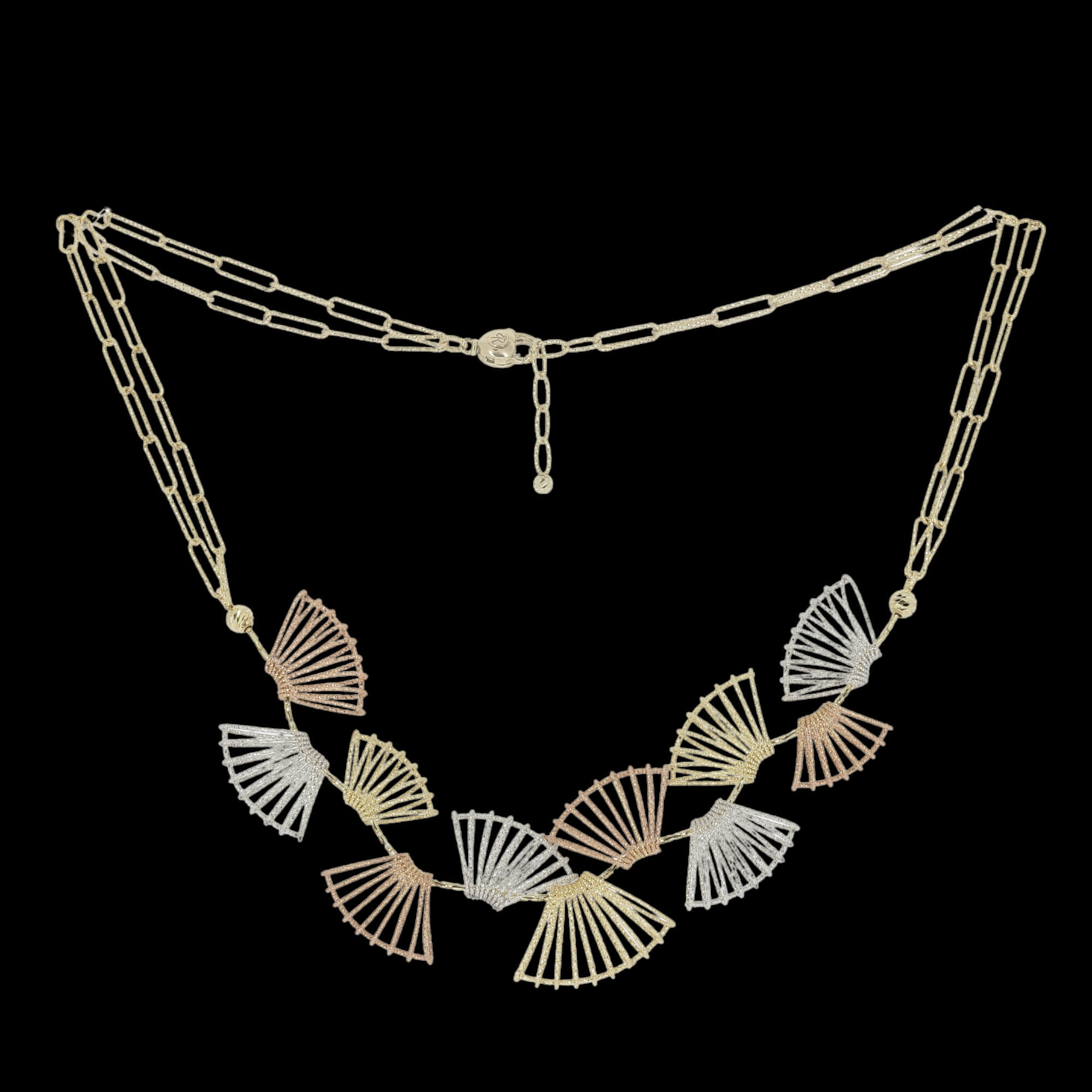 Gold three-color necklace made of 18kt gold, 11 elements