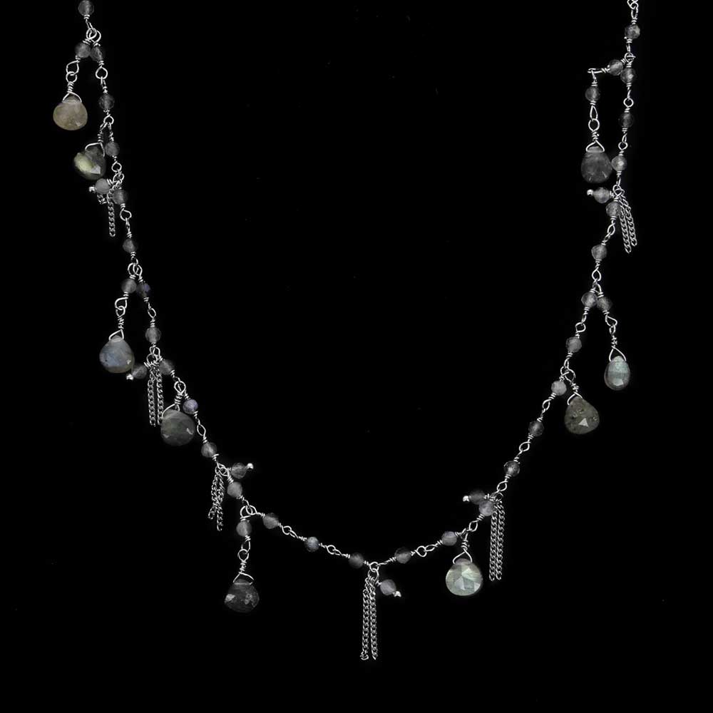 Long silver necklace with labradorite stones