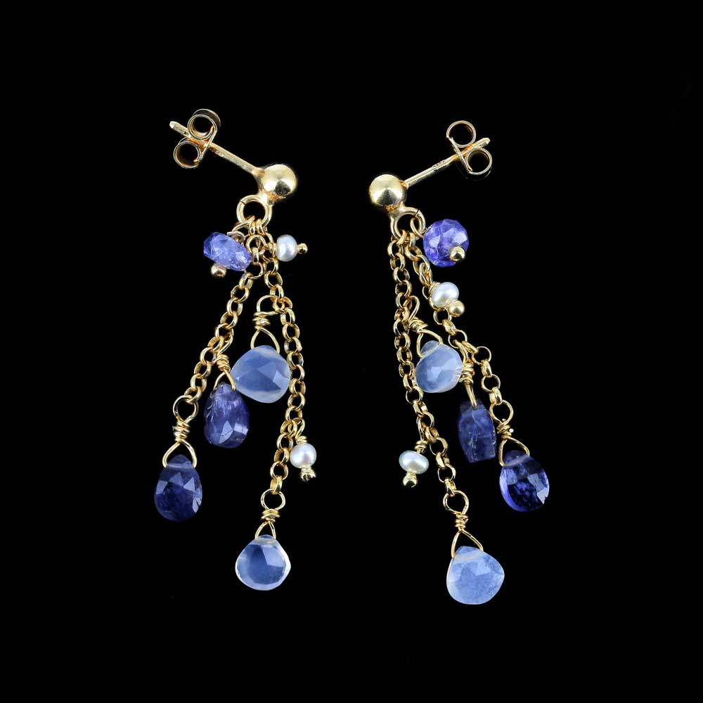 Long gold plated silver earrings with colour stones and pearls