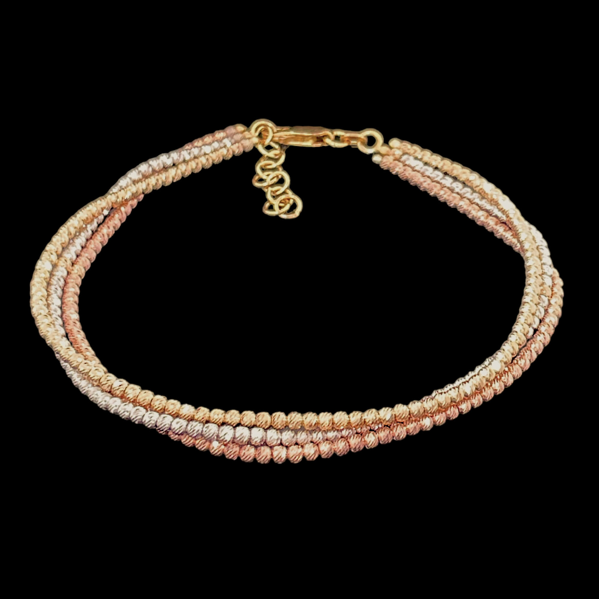 2mm bracelet of three rows of silver, rose and gold plated