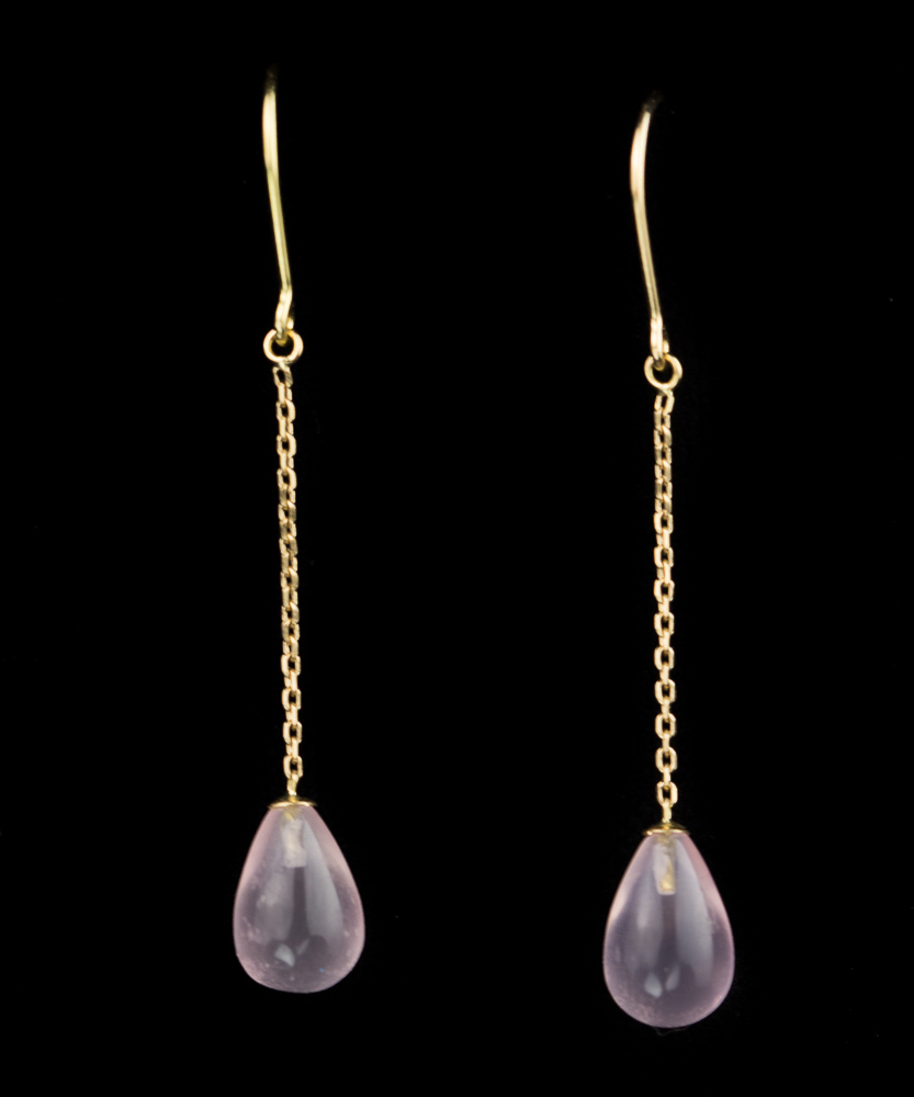 NO0418002 - 18Kt geel gouden en lange oorbellen met roze quartz steen