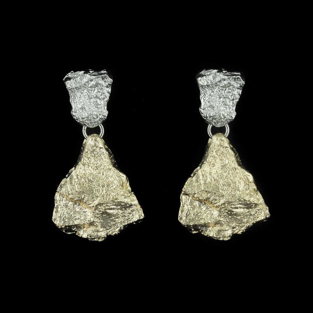 Silver and gold stone-shaped two-tone earrings