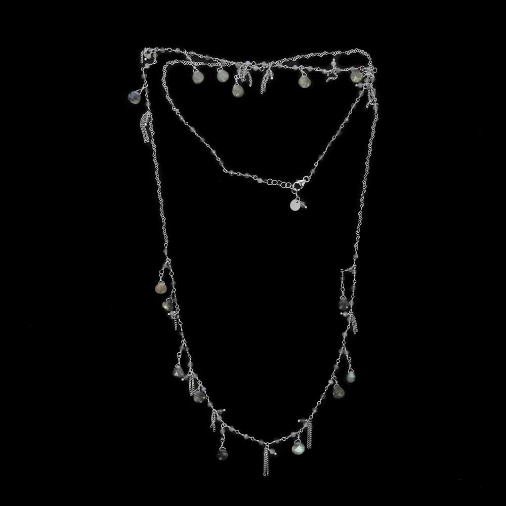 Long silver necklace with labradorite stones