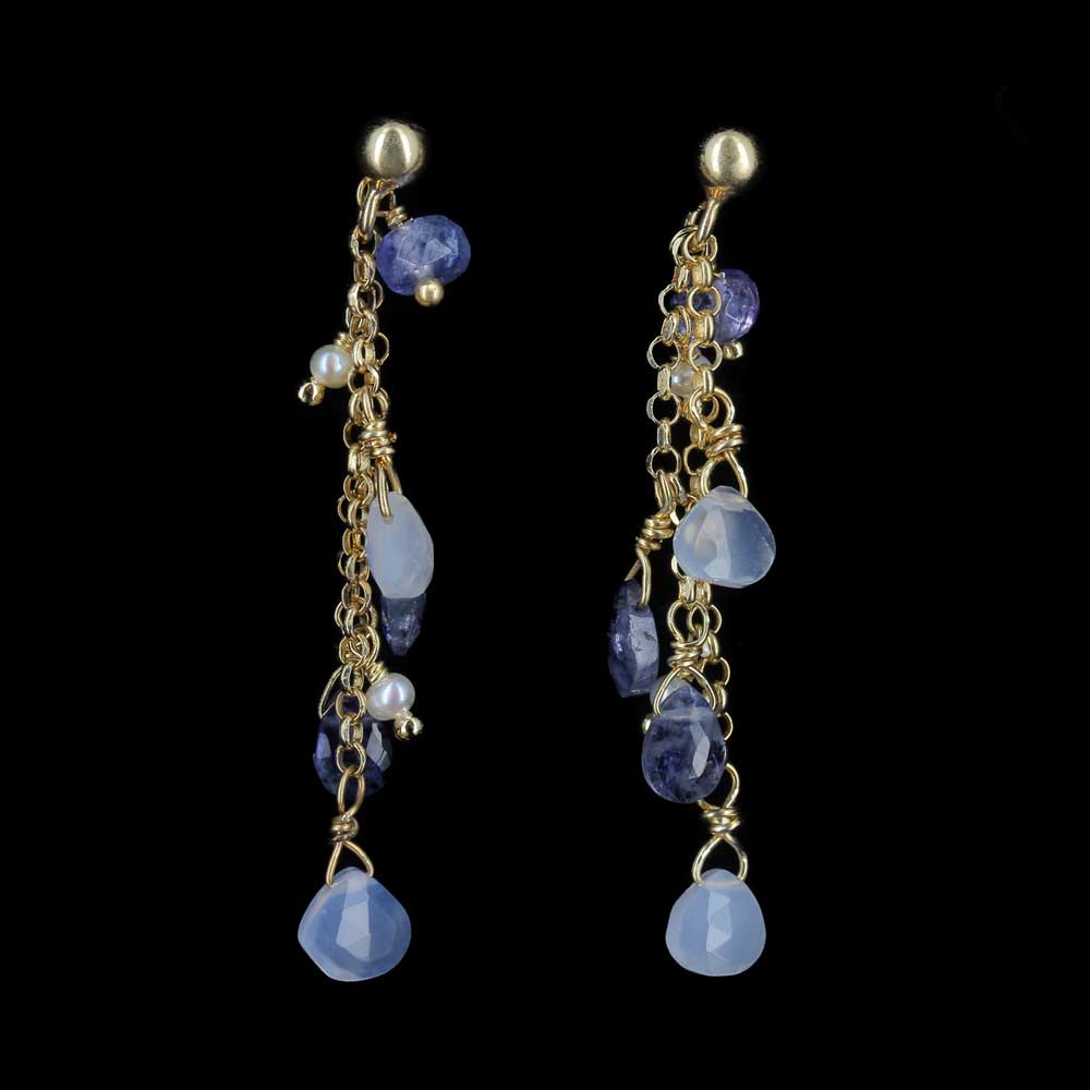 Long gold plated silver earrings with colour stones and pearls