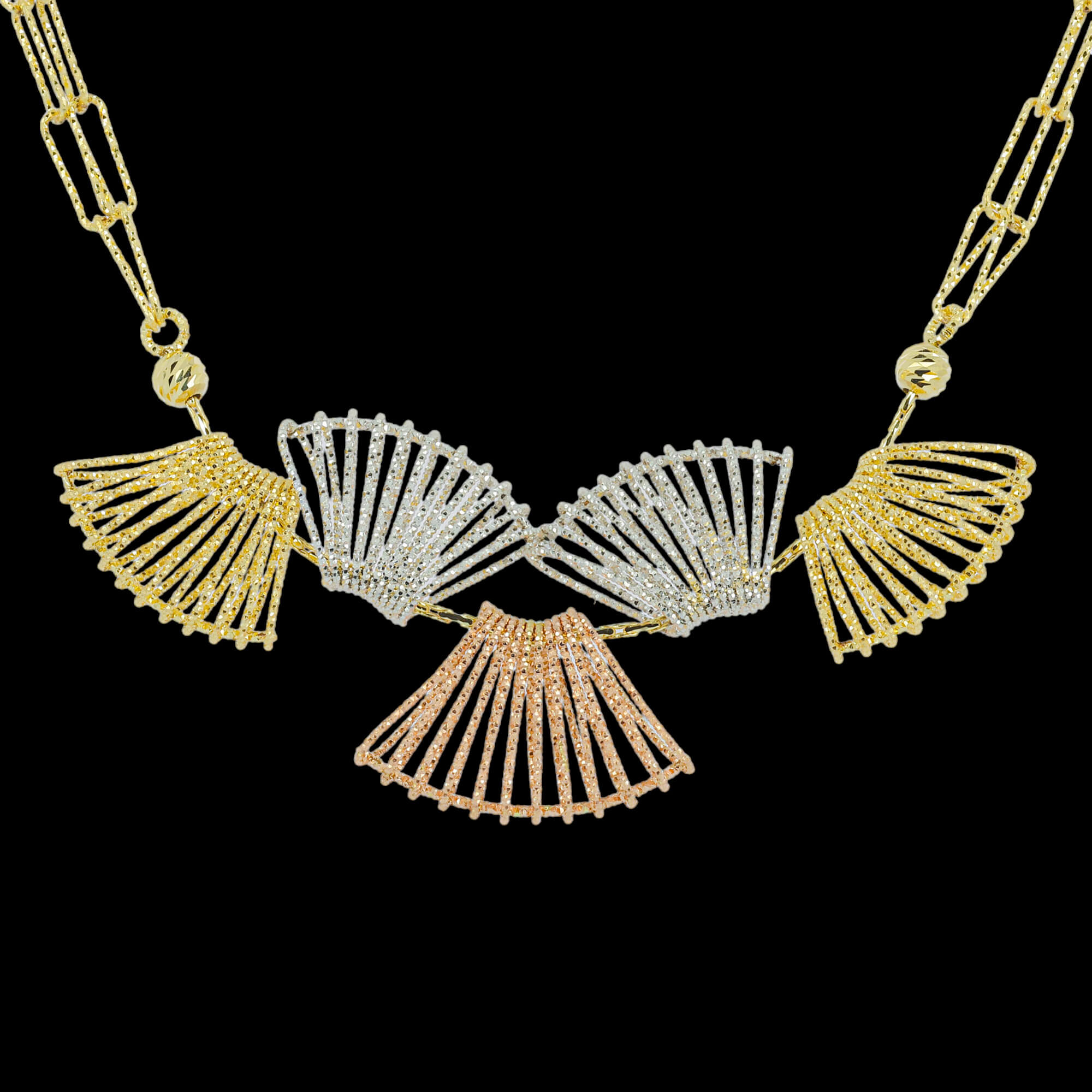 Gold tricolor necklace made of 18kt gold, 5 elements