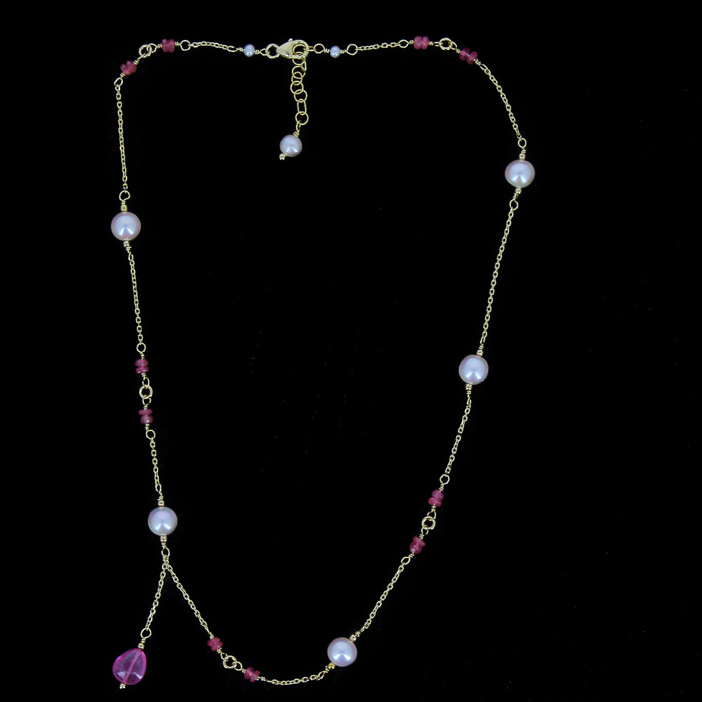 Short plated pearl necklace with gemstones