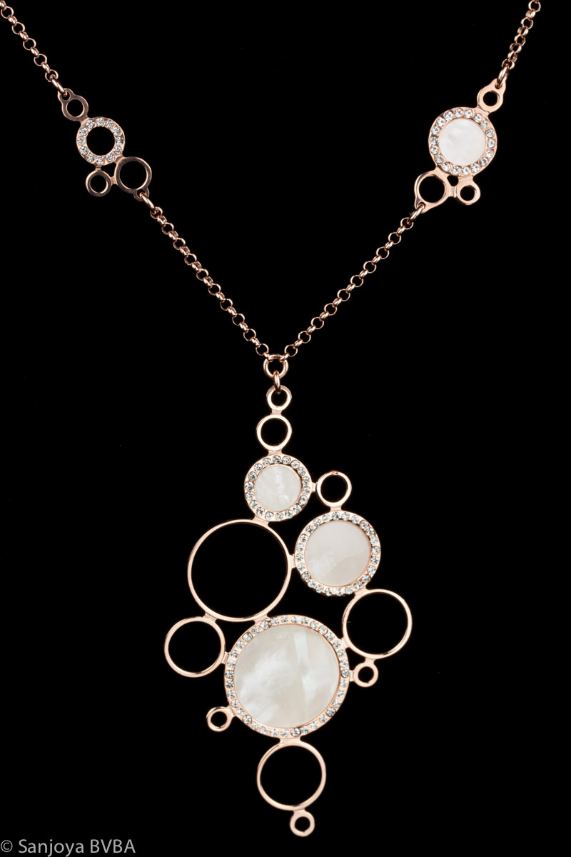 Rose chain with elongated hanger. mother of pearl and zirconia