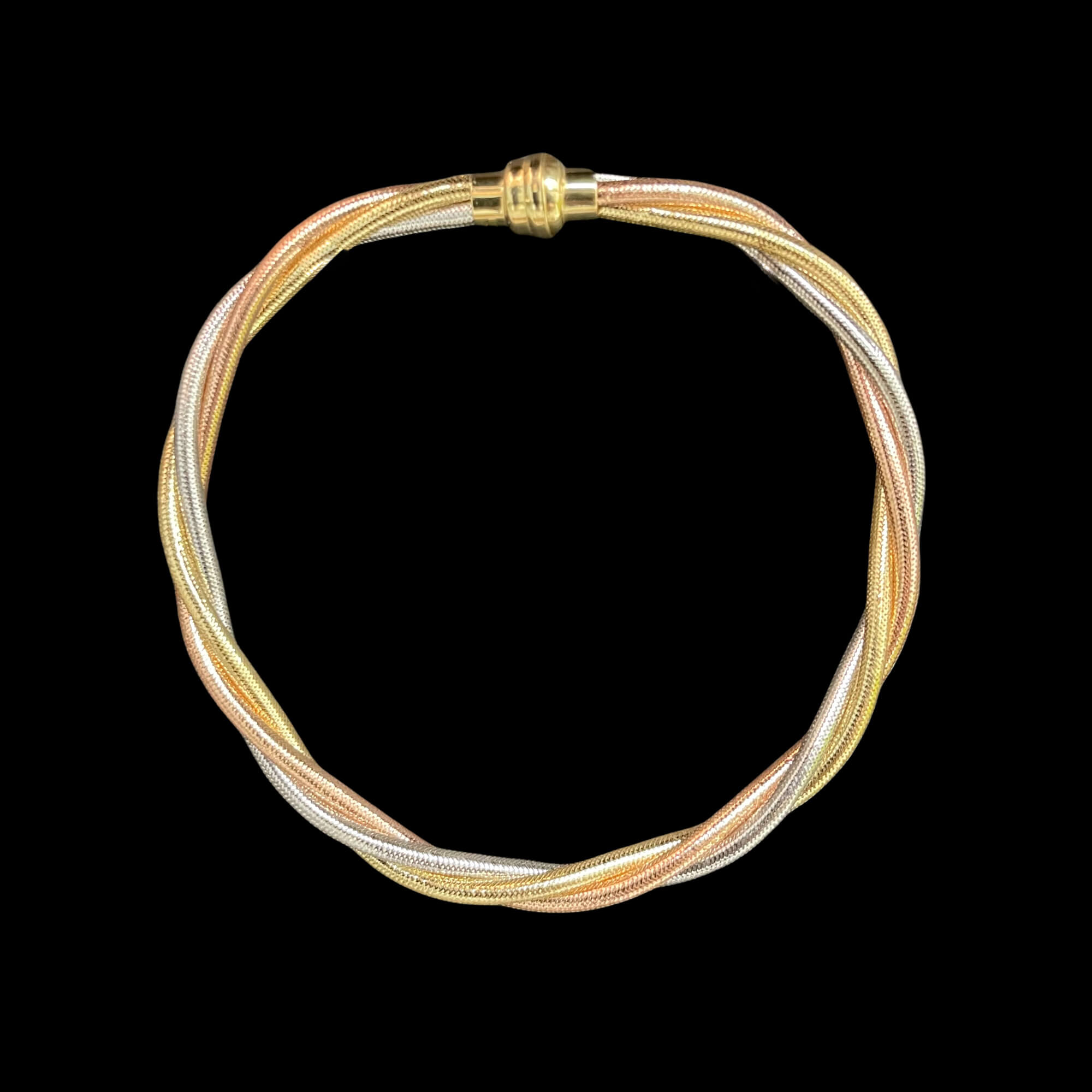 Twisted omega bracelet made of 3-color gold 18kt and silicone