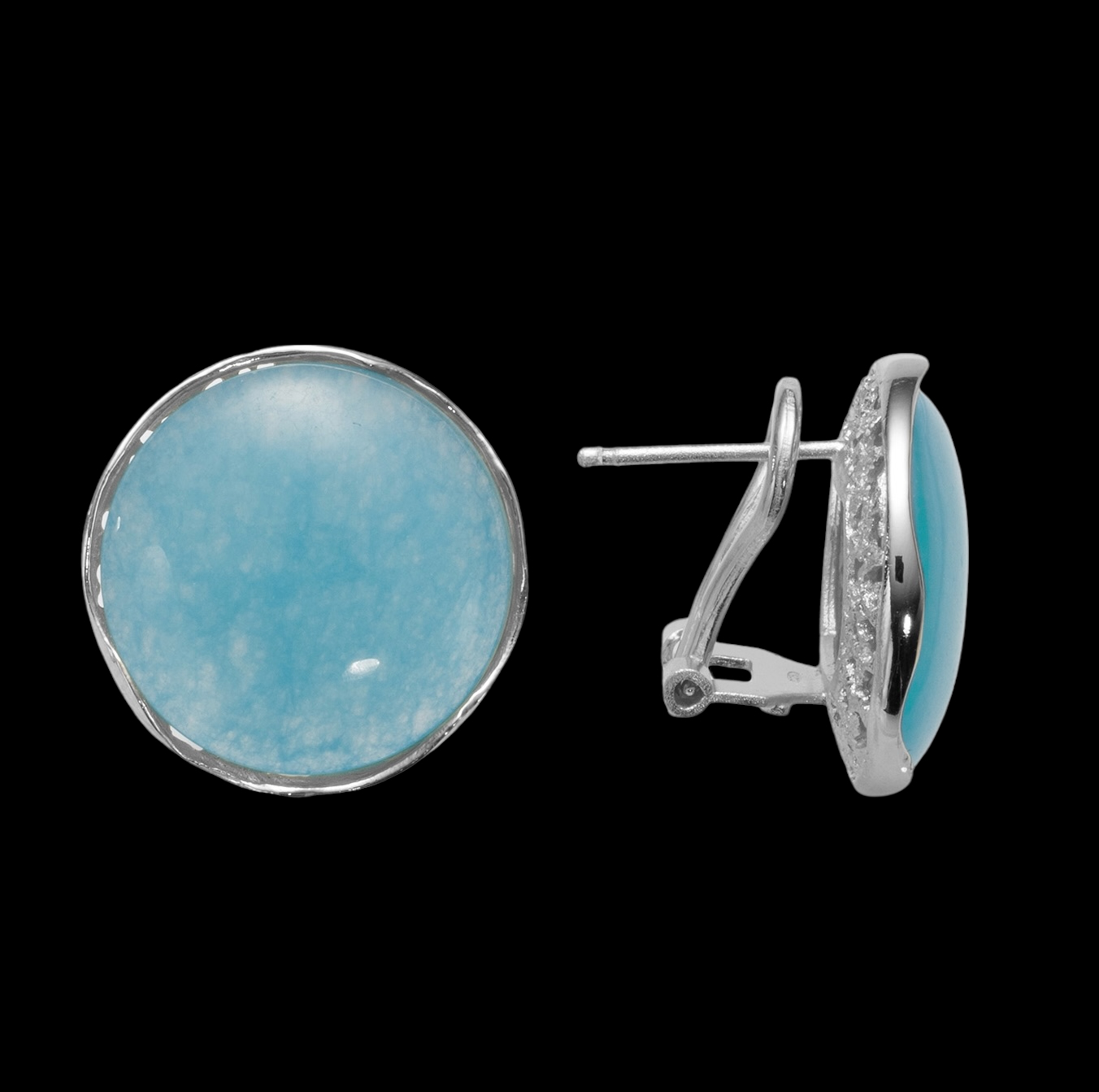 Silver round earrings with a blue quartz stone