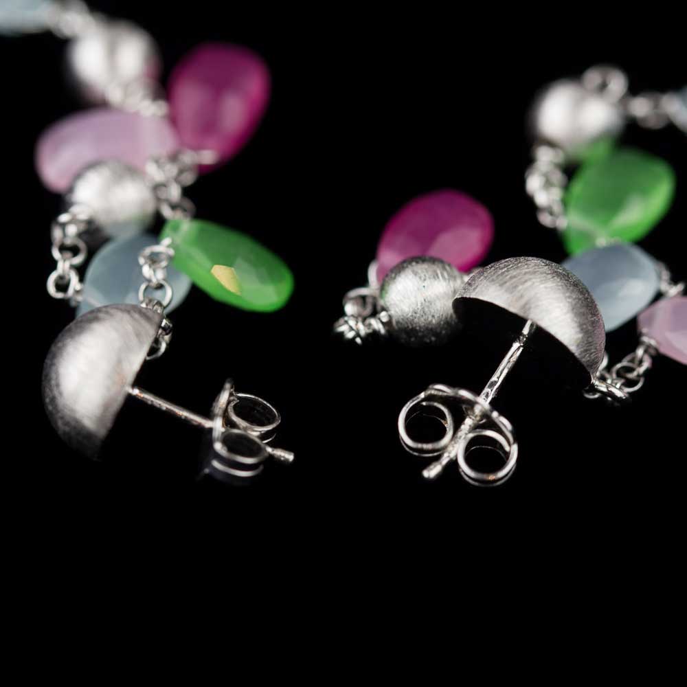 Long silver earrings with colored stones