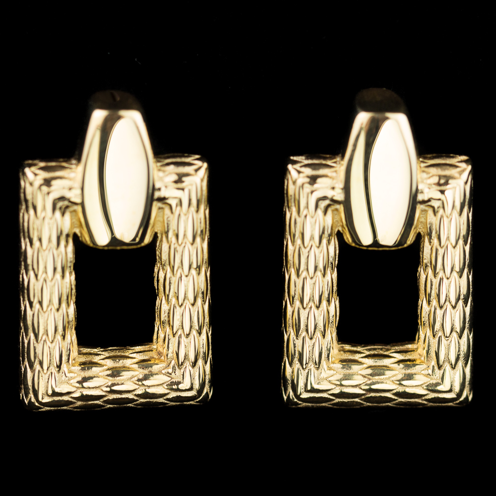 Rectangular and processed gold plated earrings