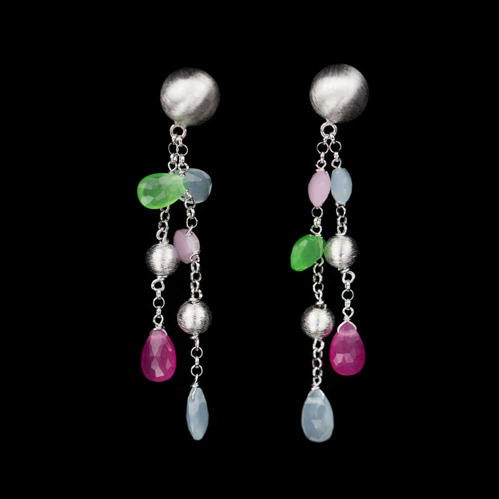 Long silver earrings with colored stones