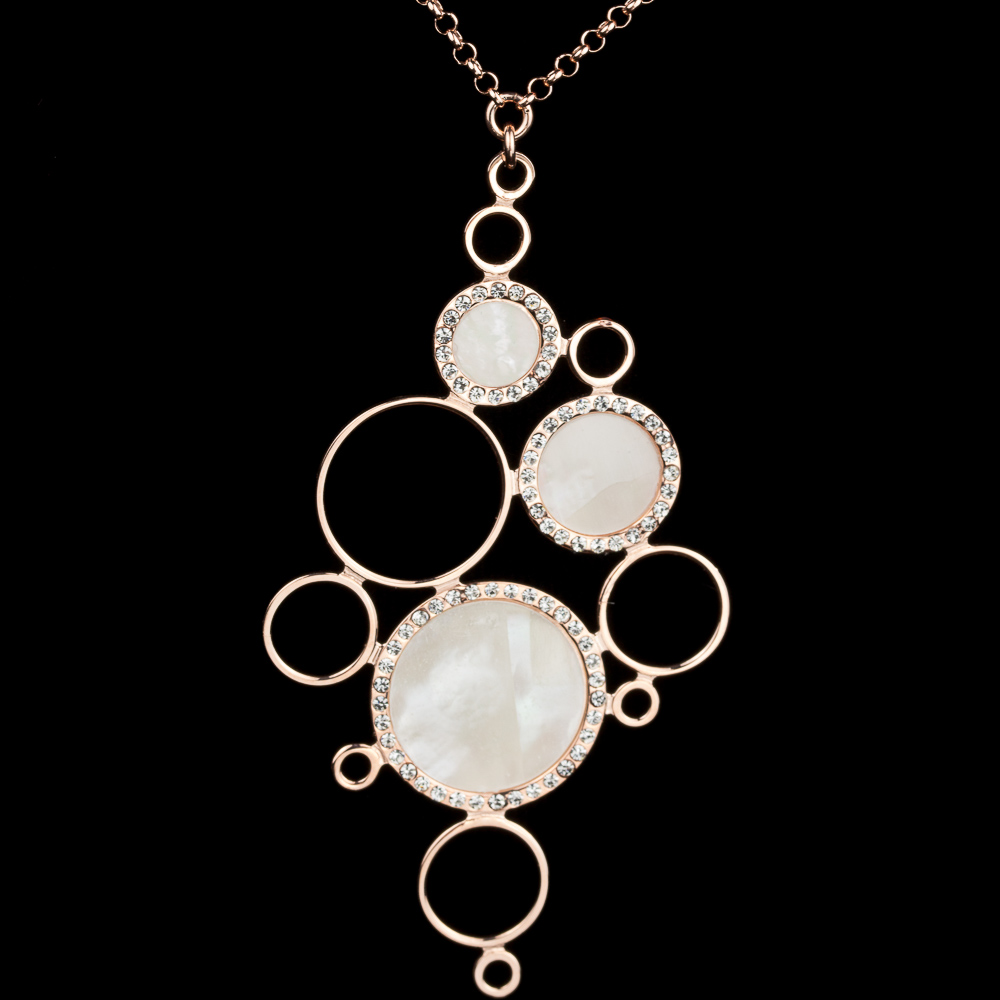 Rose chain with elongated hanger. mother of pearl and zirconia