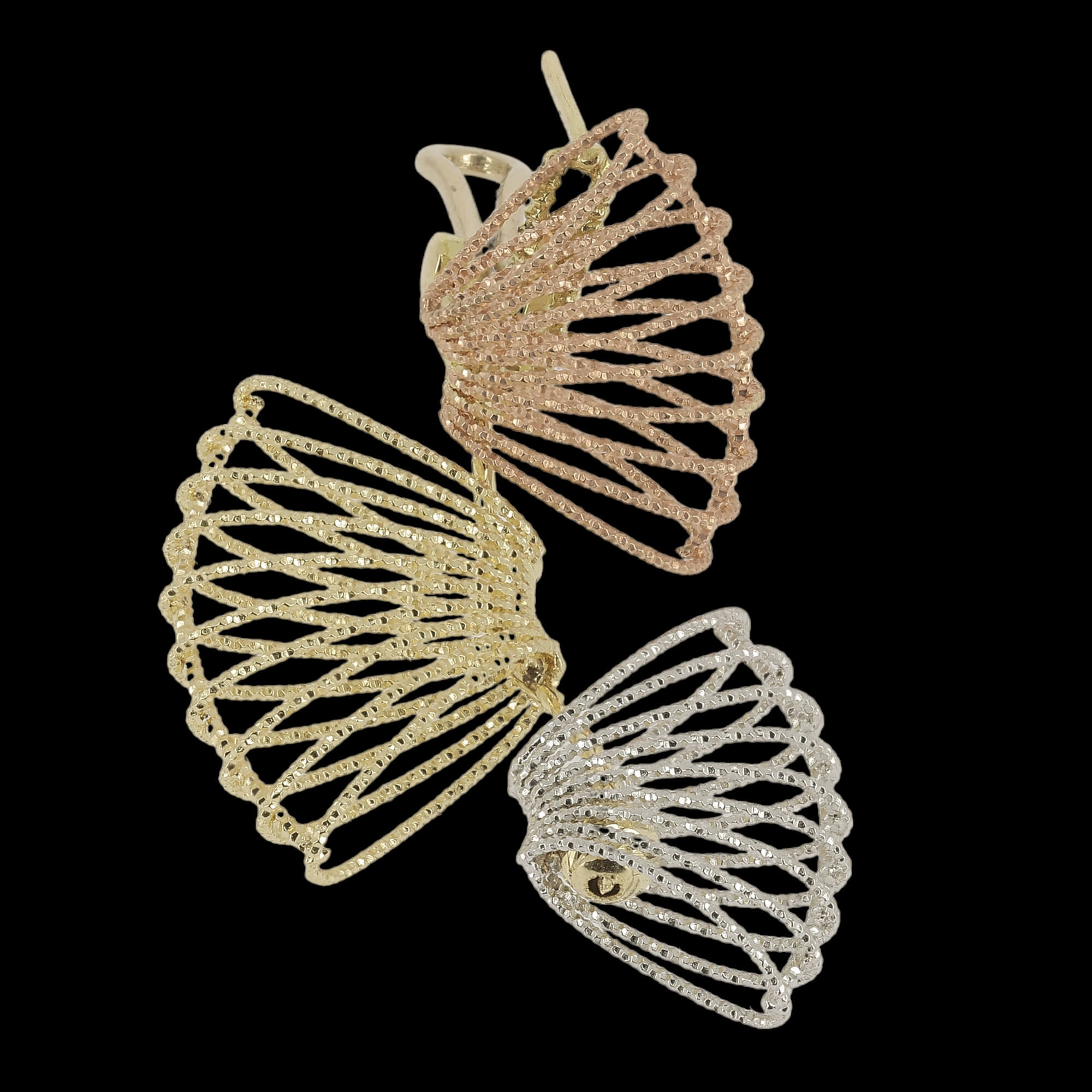 Driekleurige lange oorbellen van 18kt goud